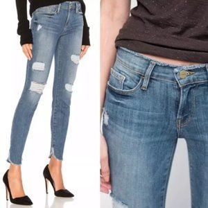 FRAME Mid Rise Skinny Torn Distressed Fringe Waist Jean in Havelock